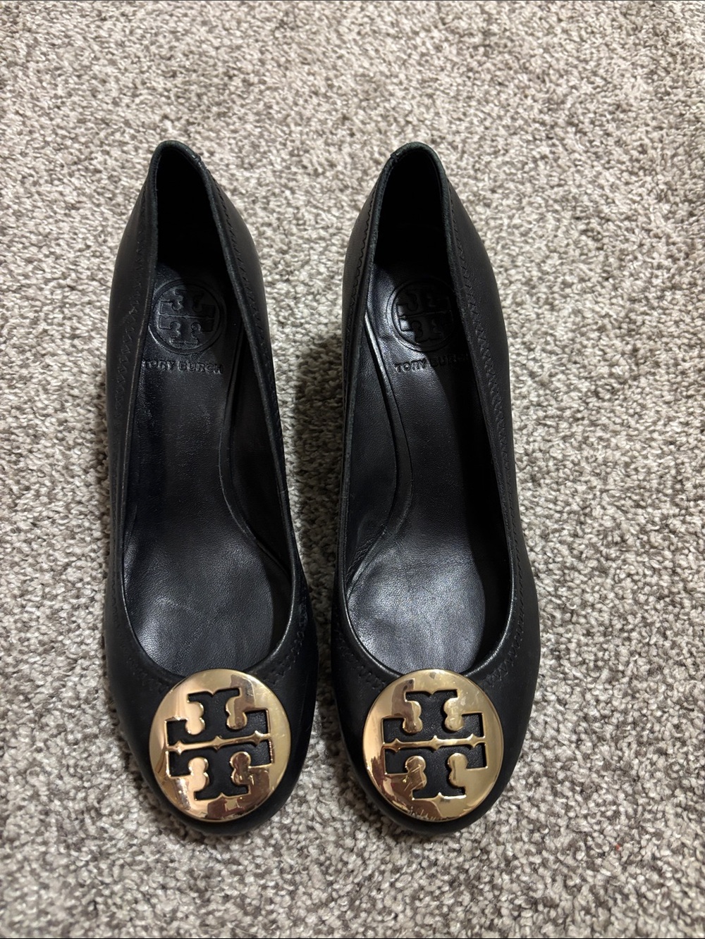 Tory Burch Black Leather Flats with Gold Logo Medallion